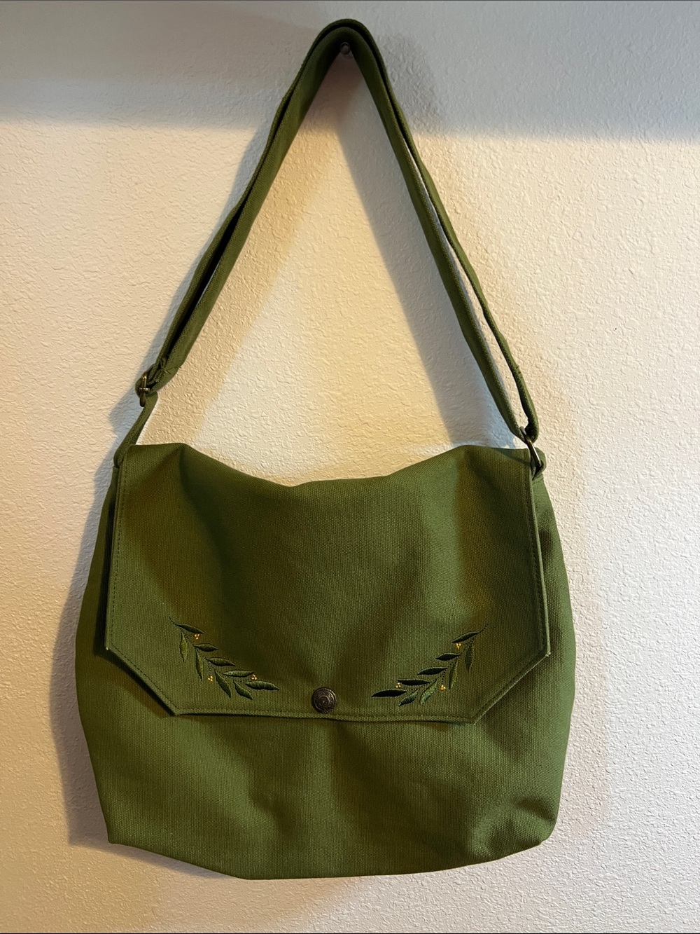 Olive Green Canvas Shoulder Bag with Embroidered Leaf Accents